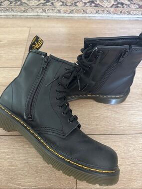Dr. Martens Black Leather Lace-Up Boots with Yellow Welt Stitch